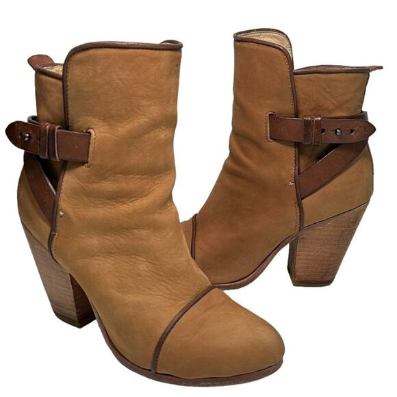Rag & Bone Kinsey Leather Ankle Strap Booties Boots Block Heels Camel 37.5 7.5 - Picture 1 of 14